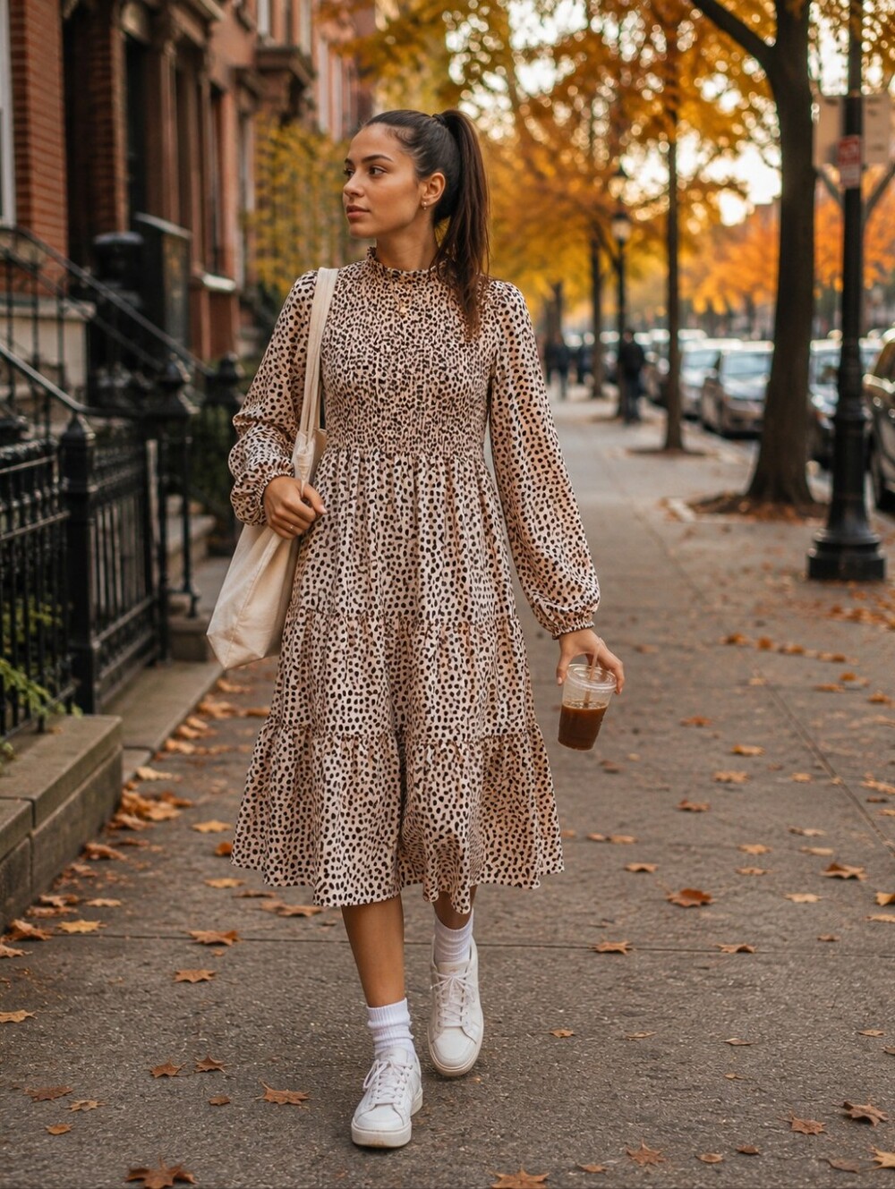 Smocked High Neck Long Sleeve Cream Polka Midi Dress